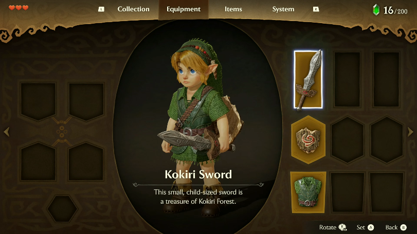 Novo menu de equipamentos de Ocarina of Time, com modelo tridimensional de Link e visualização individual dos itens.